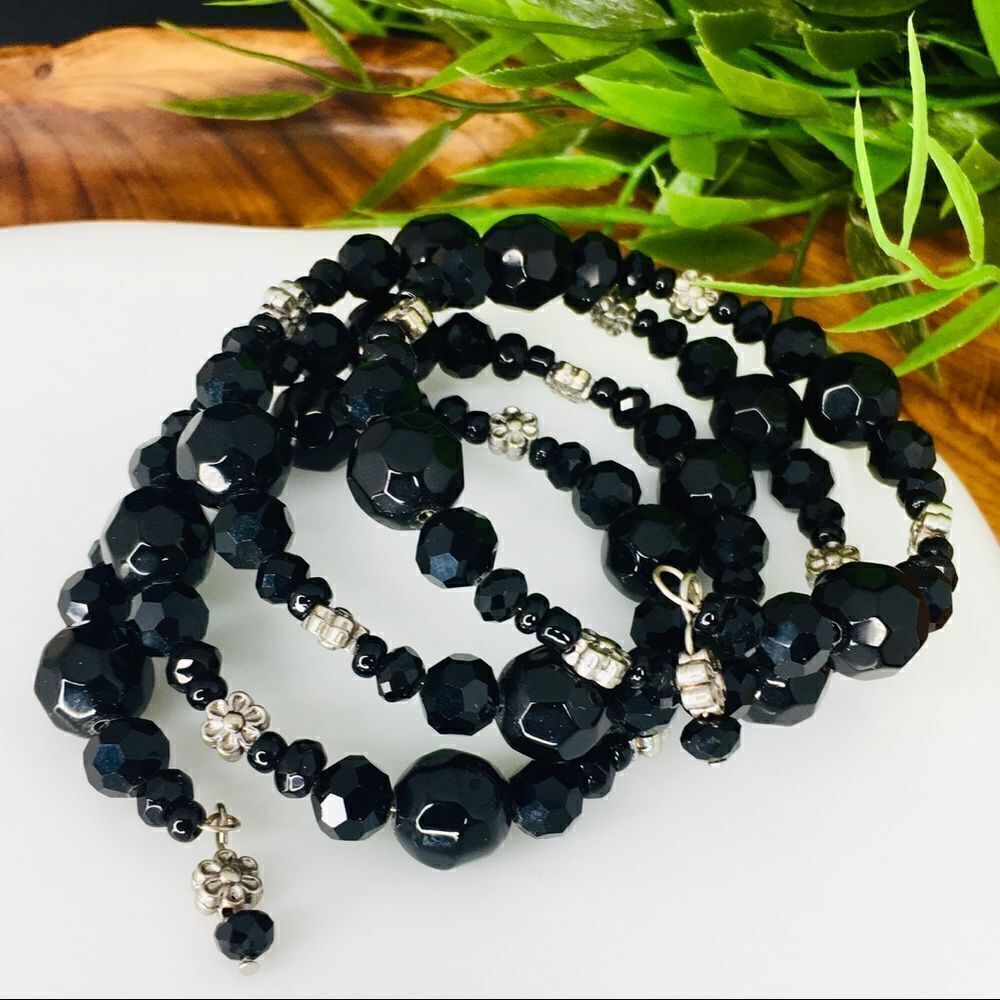 Vintage Faceted Black Beads silver Flower Wrap Around Bracelet 4424